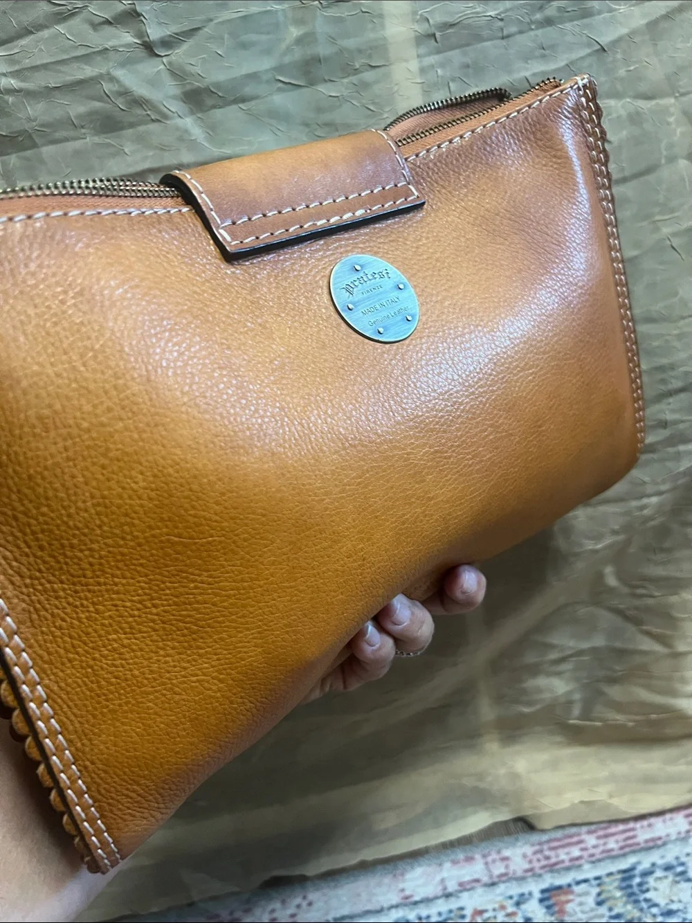 Vintage Pratesi Firenze Italian Leather Clutch Bag Cognac Brown